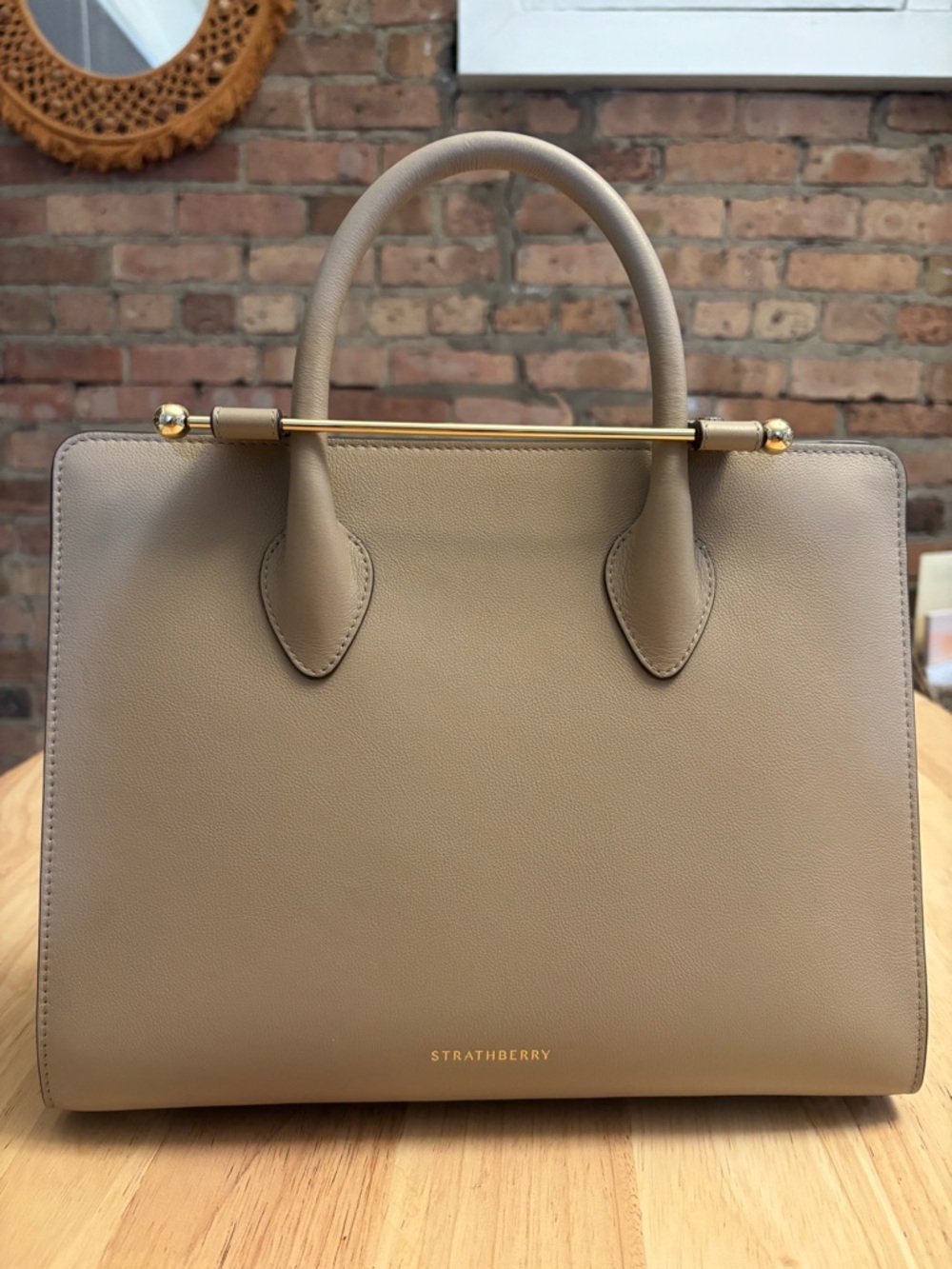 Strathberry Midi Tote- Taupe/ Sand with Gold Bar